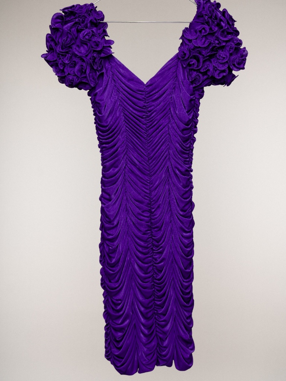Vintage Richilene Purple Heavily Ruched Bodycon Dress w/ 3D Rosettes
